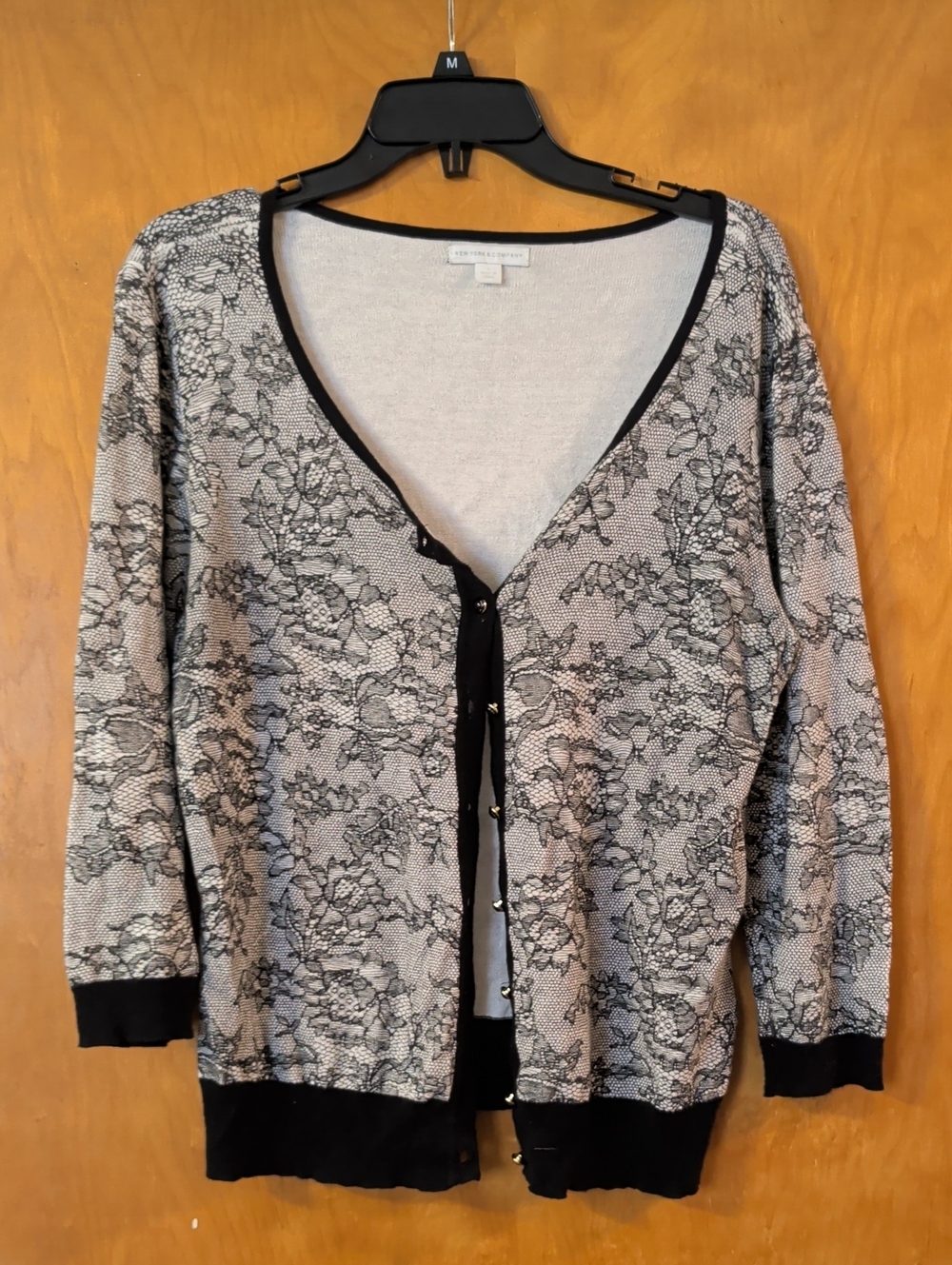 New York & Company Black & White Lace-Print Cardigan Sweater